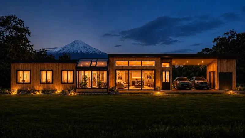 Fachada principal al anochecer con el volcán Villarrica de fondo