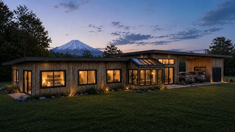 Volumen de la casa con el volcán al fondo