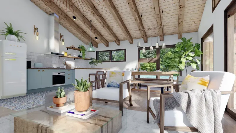 Cocina, comedor y living integrados con vigas a la vista